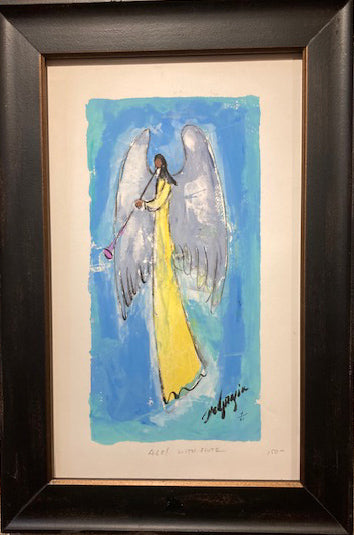 Hand Painted Screen Print: Angel with Flute (Framed)