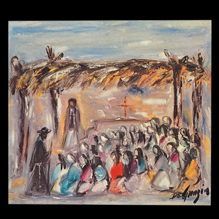 Print: Father Campo greets Kino at new Mission site