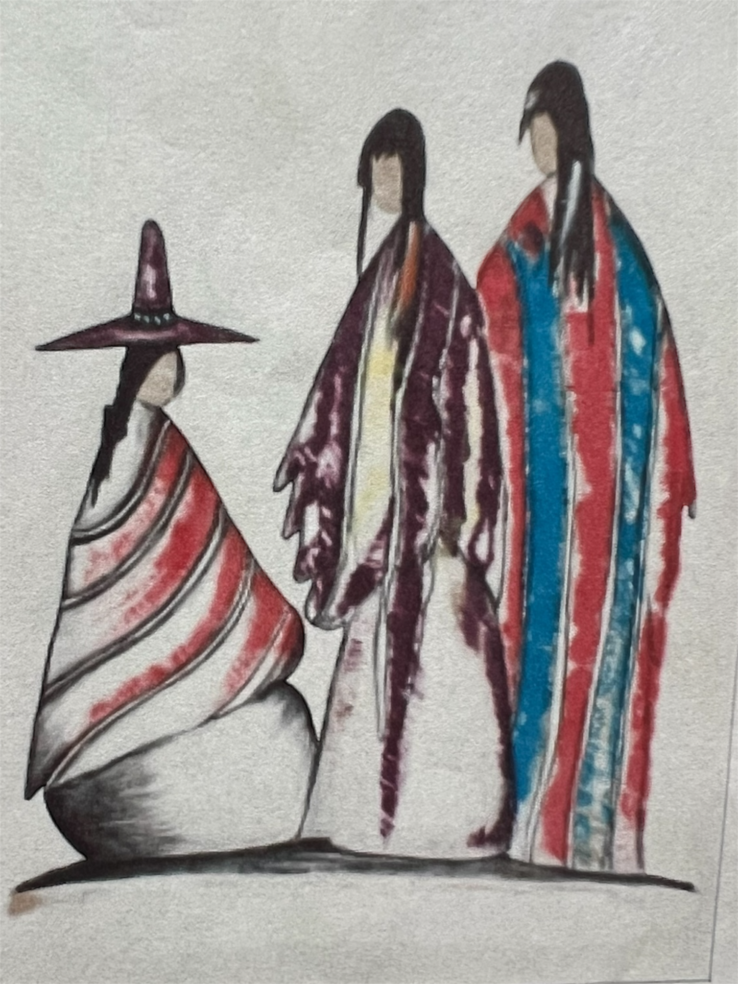 Lithograph: Colored Three Indians Waiting