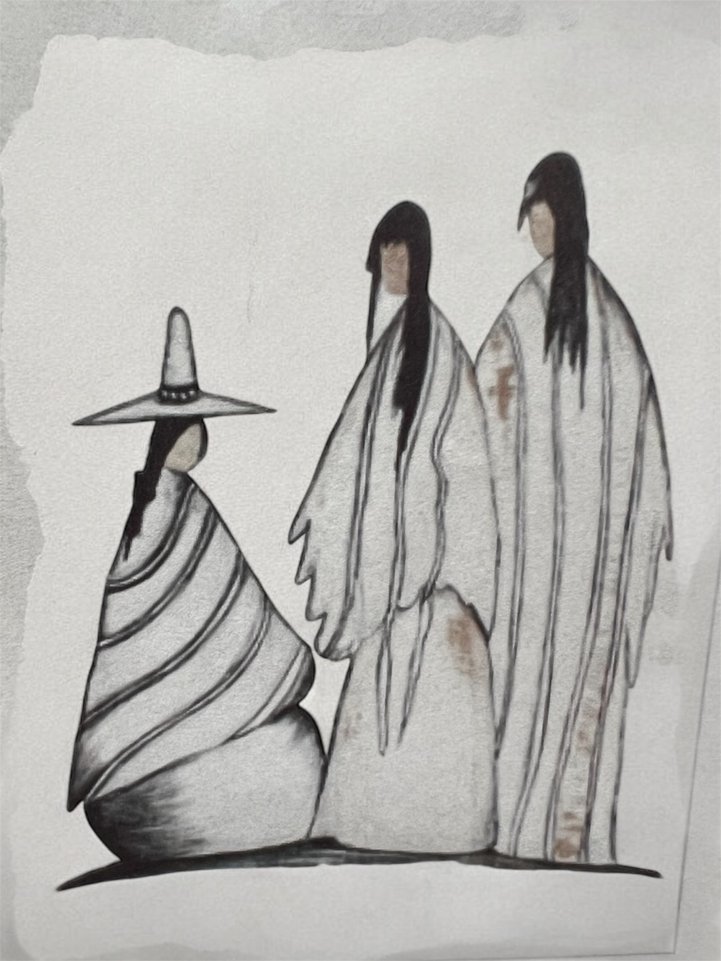Lithograph; Black & White Three Indians Waiting