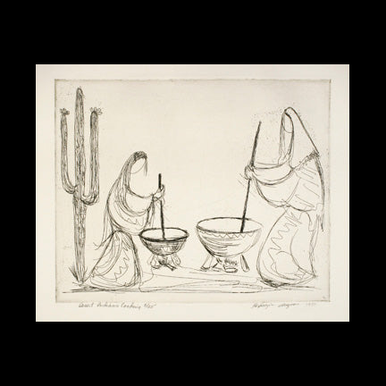 Etching: Black & White Desert Indians Cooking
