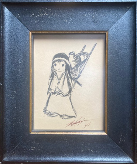 Ink Drawing: Apache Girl with Basket