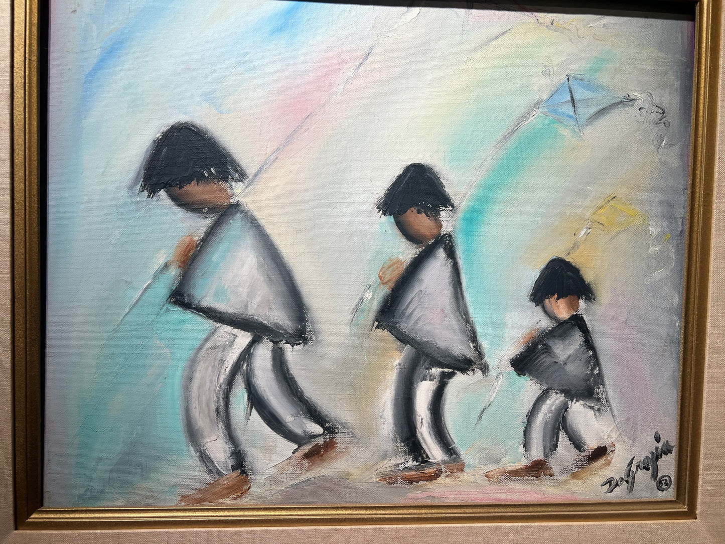 Original Oil Panting: Three Boys with Kite