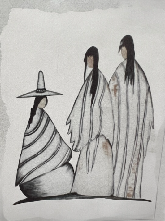 Lithograph; Black & White Three Indians Waiting