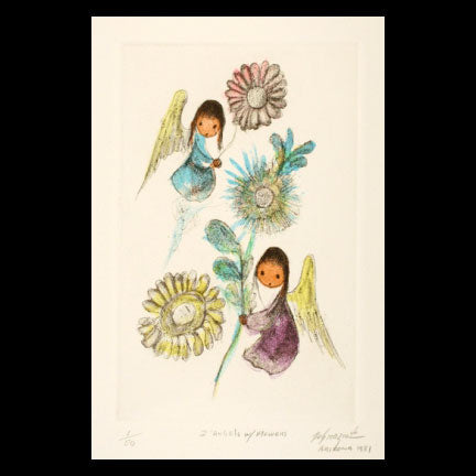 Color Etching: Two Angels with Flowers